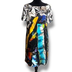 MARY KATRANTZOU Colorful Abstract Short Sleeve A-Line Silk Mini Dress